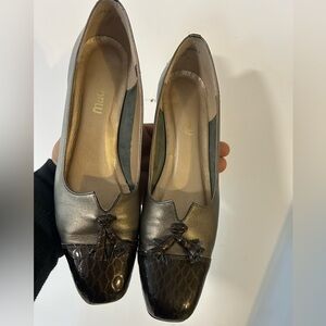 Silver and Black Loafers with Bow Detail
